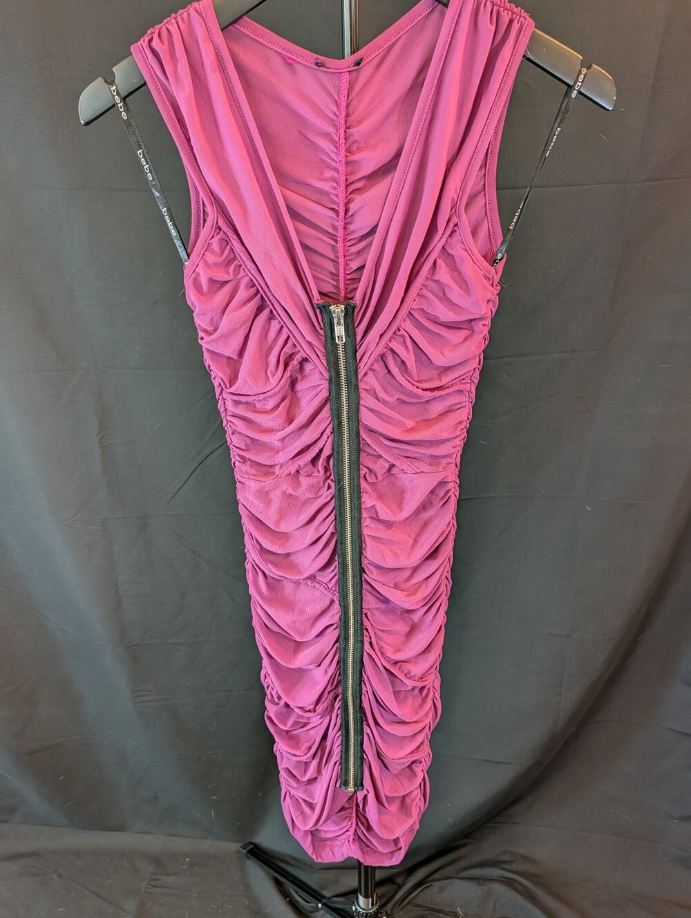 Vintage Bebe Y2K Ruched Mesh Bodycon Dress Pink Front Zip XS